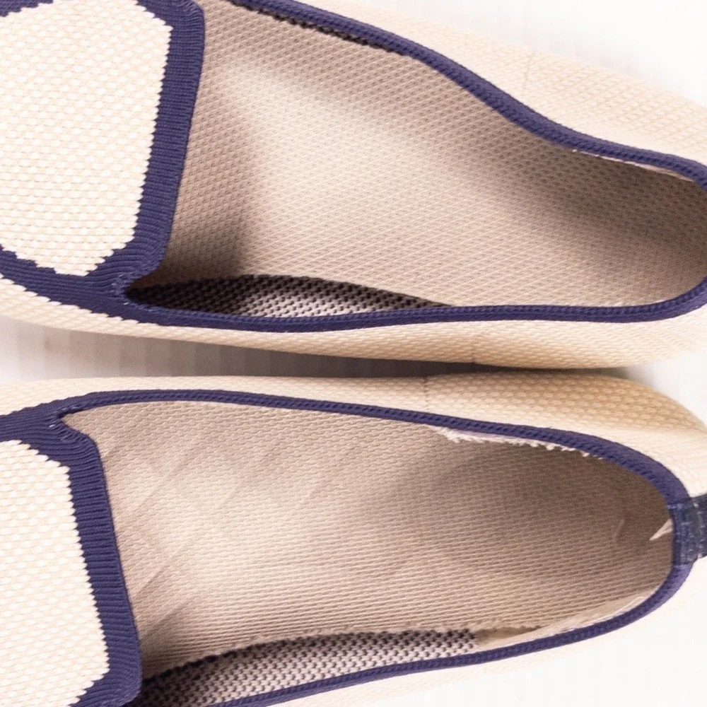 Birdies Blackbird Loafers Womens 7.5 Beige Navy Washable Knit Flats Pointed Toe